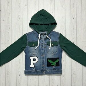 Kids Denim Jacket with Green Sleeves and Hood